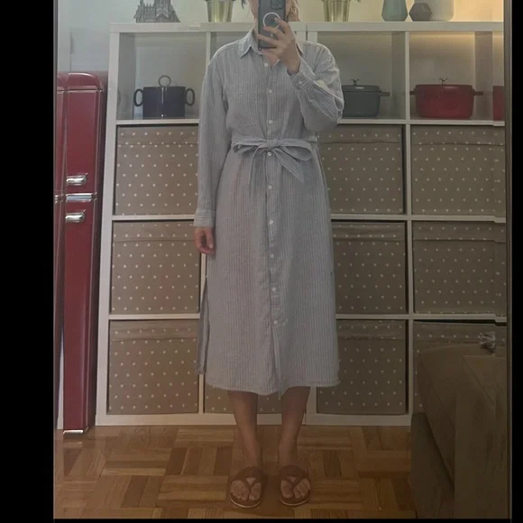 H&M Light Blue Pinstripe Midi Shirt Dress - Picture 1 of 8